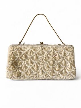 Vintage 1960s Beaded Handbag Ivory Iridescent Bridal Clutch Pearl Evening Bag